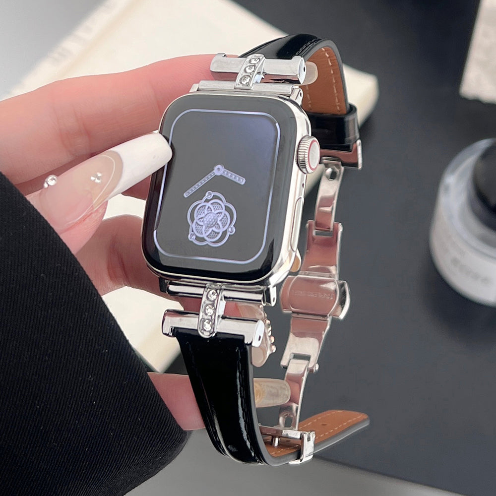 For Apple Watch Series 9 8 7 41mm / SE (2023) SE (2022) SE 6 5 4 40mm / 3 2 1 38mm Rhinestone Decor Strap Genuine Cow Leather Band - Black For Apple Watch Series 9 8 7 41mm / SE (2023) SE (2022) SE 6 5 4 40mm / 3 2 1 38mm Rhinestone Decor Strap Genuine Cow Leather Band - Black